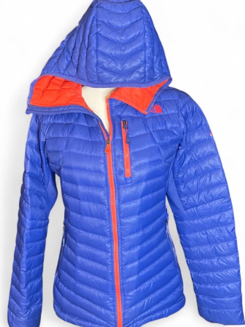 The North Face Women’s Blue Down Hooded Jacket with red Trim